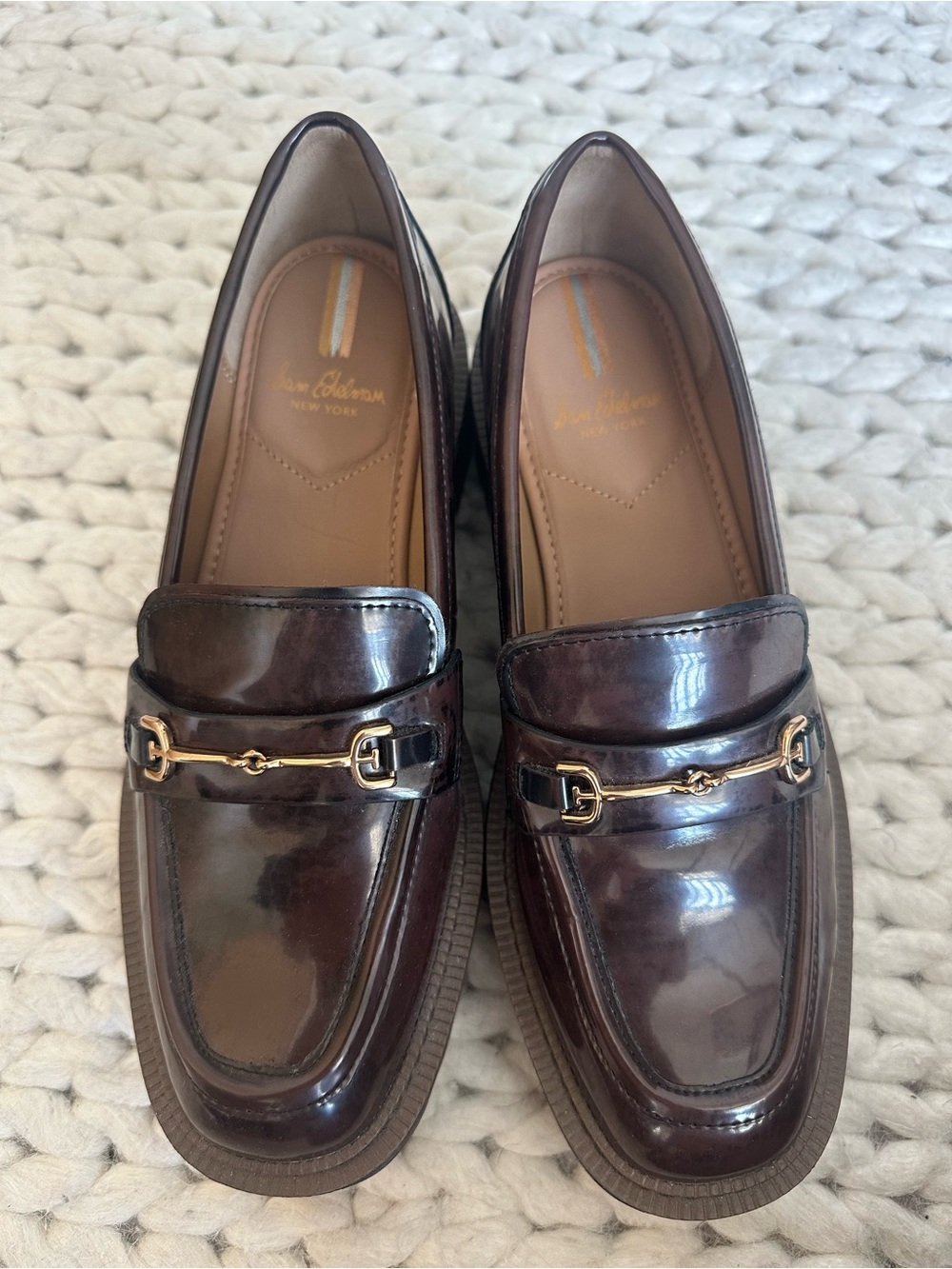 Sam Edelman Women's Dark Brown Patent Loafers with Gold Bit